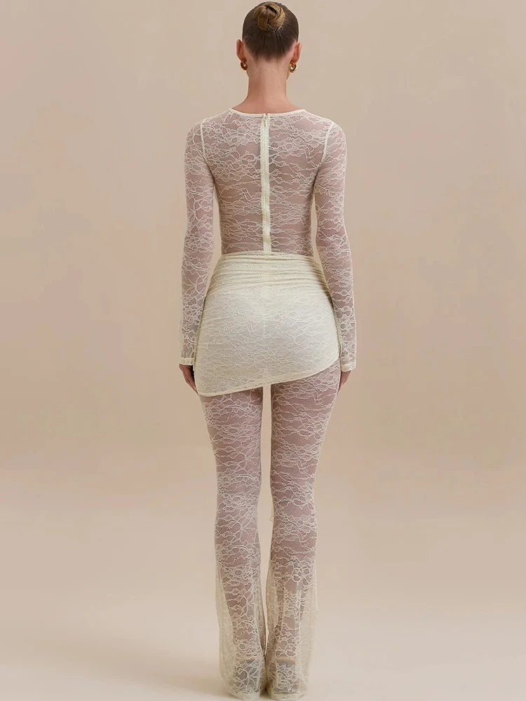 Vionara Lace Sheer Jumpsuit with Draped Wrap Detail – Long Sleeve Mesh Eveningwear for Party & Occasion Outfits