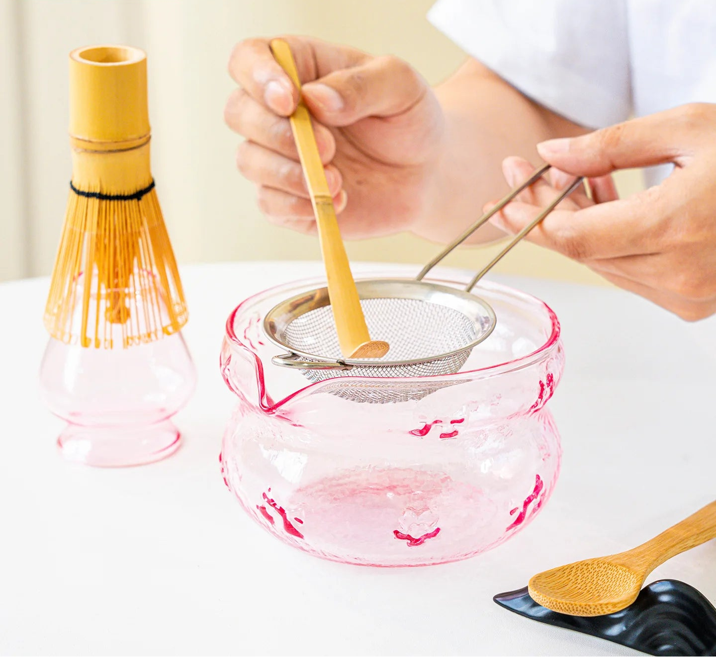 Akari Glass Matcha Tea Set – Pink & Purple Matcha Bowl Kit with Whisk, Scoop and Strainer, Complete Matcha Starter Gift Set