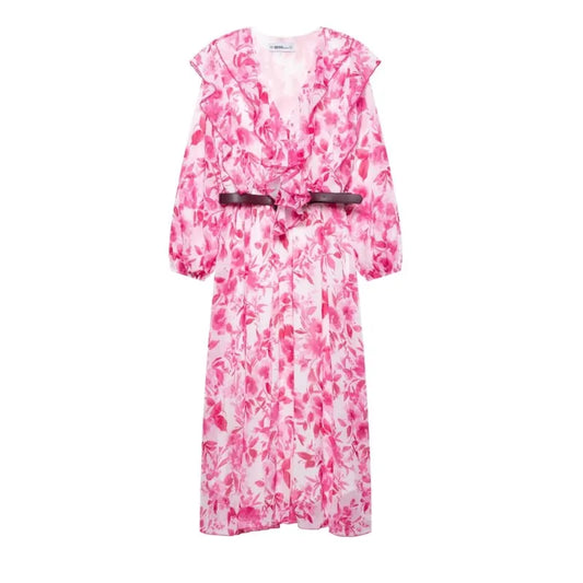 Sarella Ruffle Belted Midi Dress – Pink Floral V-Neck Long Sleeve Occasion Dress