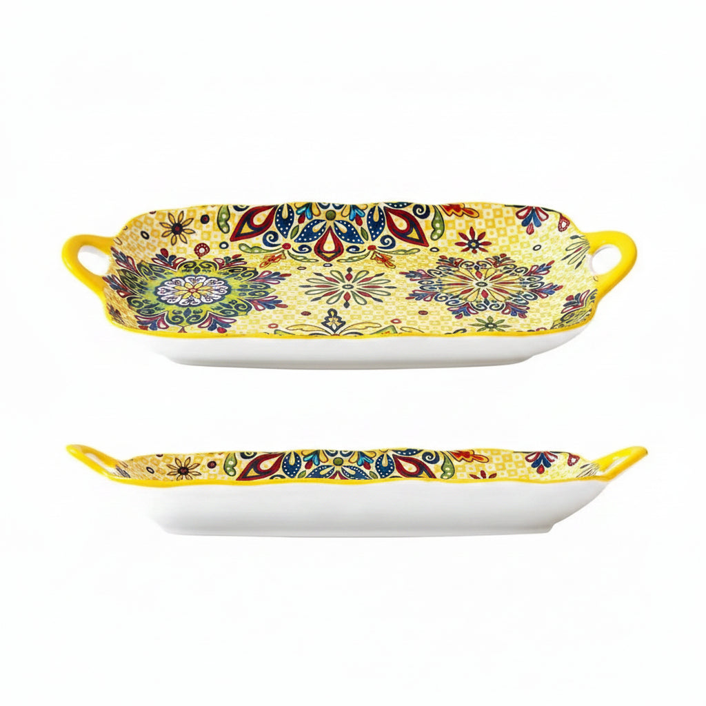 Calvero Ceramic Serving Tray – Rectangular Dish with Handles
