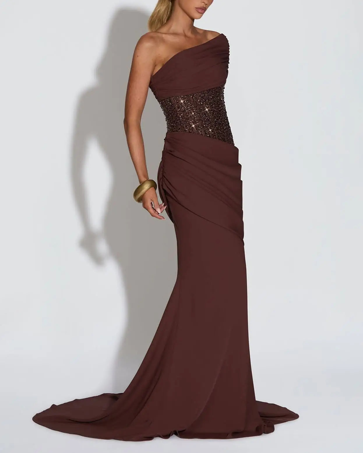 Lunéa One Shoulder Sequin Waist Maxi Dress – Ruched Evening & Wedding Guest Gown
