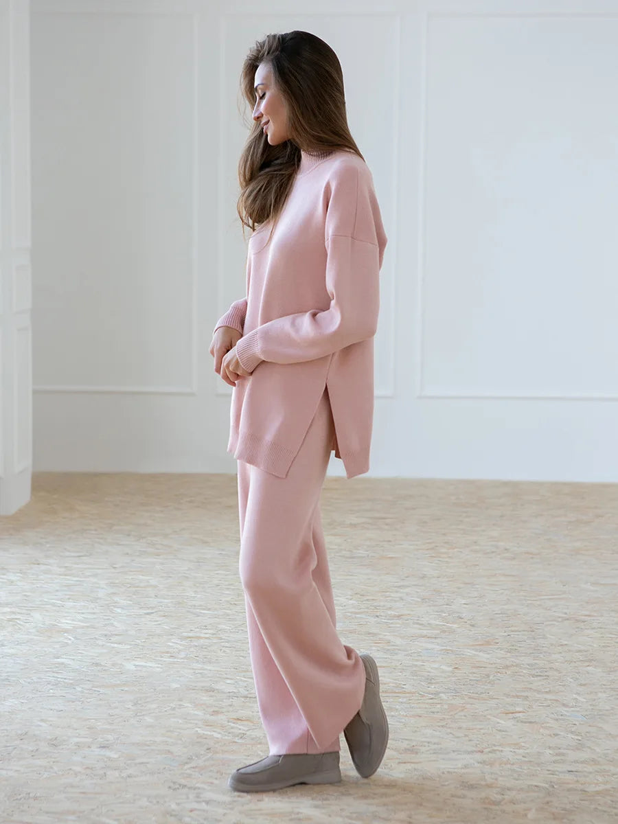 Zaneya Knit Co-Ord Lounge Set – Ribbed Turtle Neck Jumper and Wide Leg Trousers in Pink, White, Beige, Black or Green