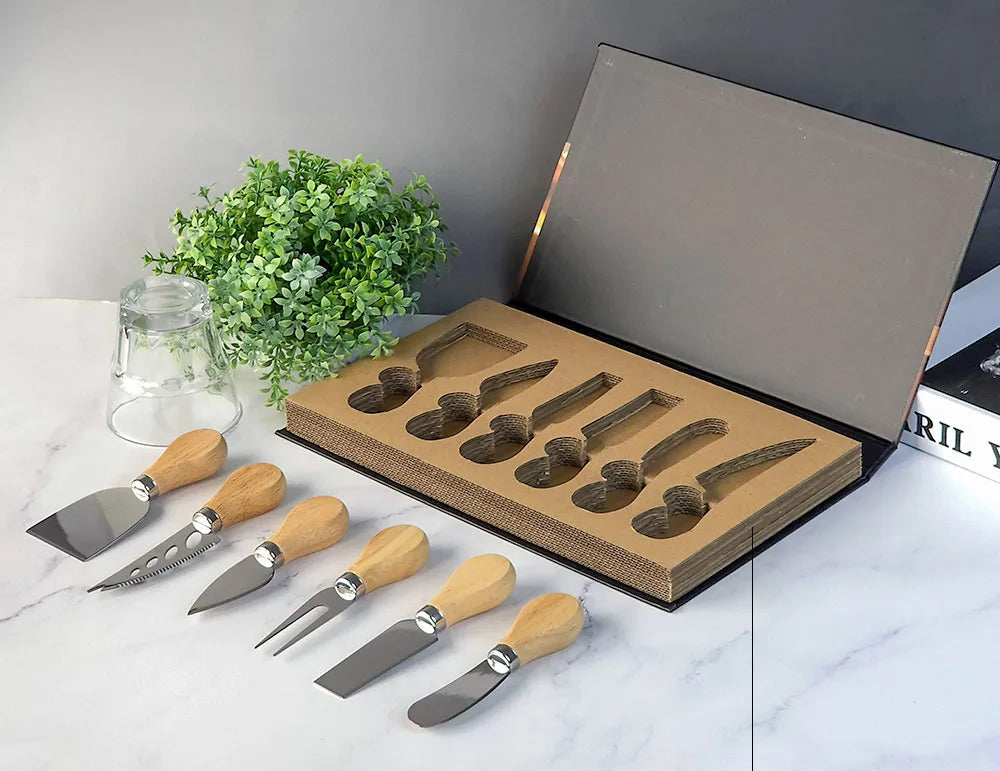 6 Piece Stainless Steel Cheese Knife Set with Walnut Handles – Cheese Board Utensils in Gift Box