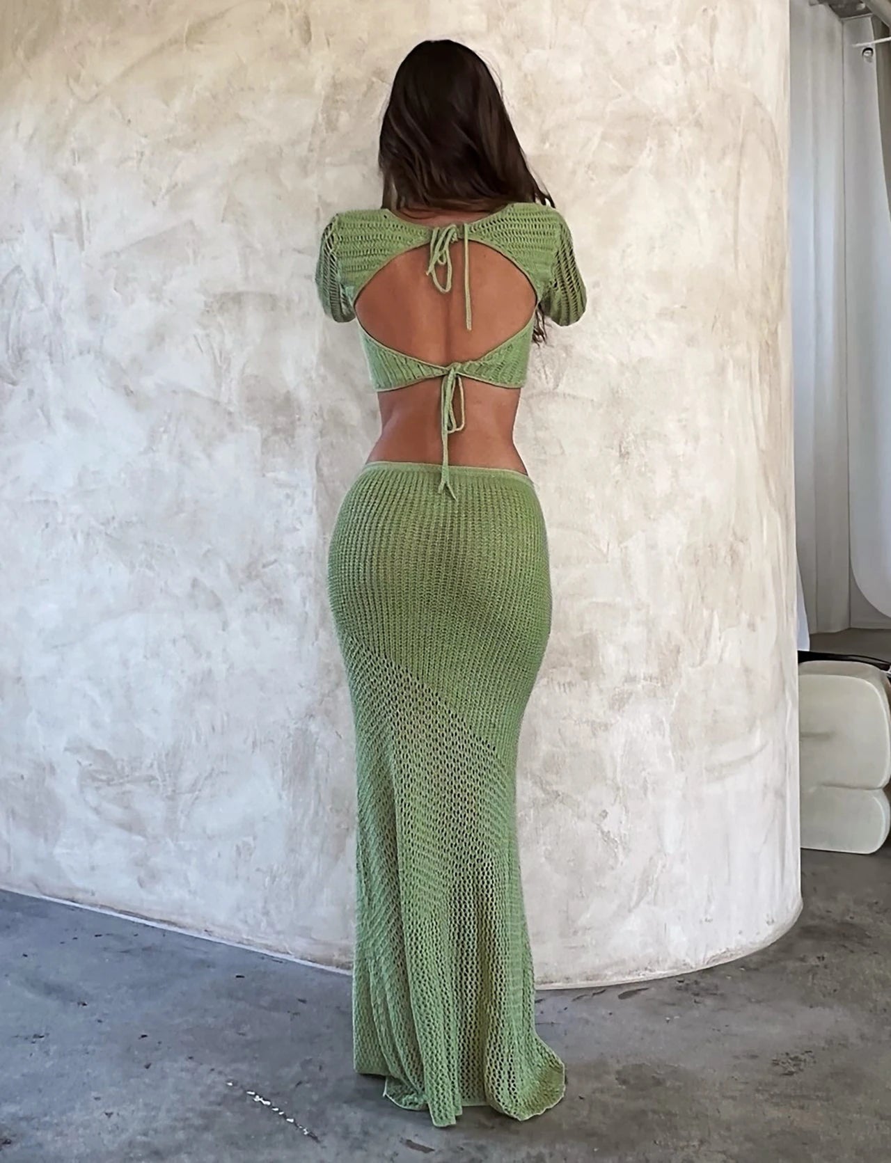 Seraya Crochet 2 Piece Maxi Skirt Set – Long Sleeve Cut Out Top Backless Beach Club Outfit & Swimwear Cover Up