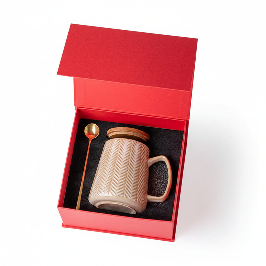 Wheat Weave Embossed Ceramic Mug with Wooden Lid & Spoon