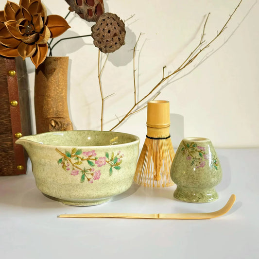 Traditional Japanese Matcha Tea Set – 5 Piece Sakura Matcha Bowl, Whisk, Scoop, Sieve & Holder Gift Kit