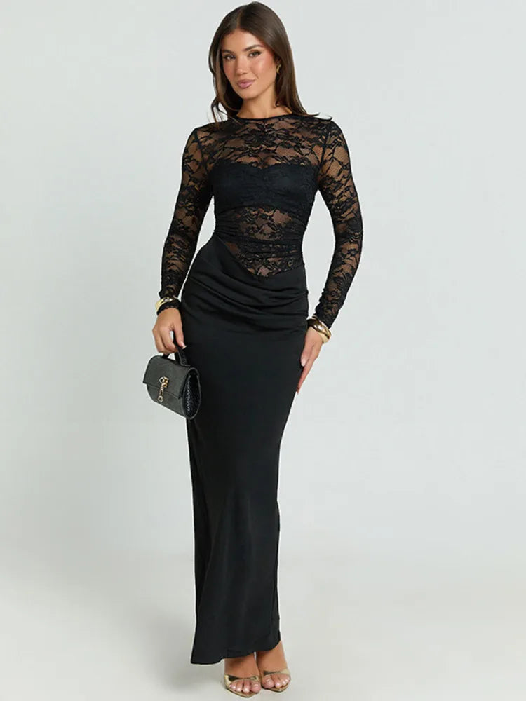 Meliora Long Sleeve Lace Bodice Maxi Dress – Lace Evening Gown and Bodycon Occasion Dress