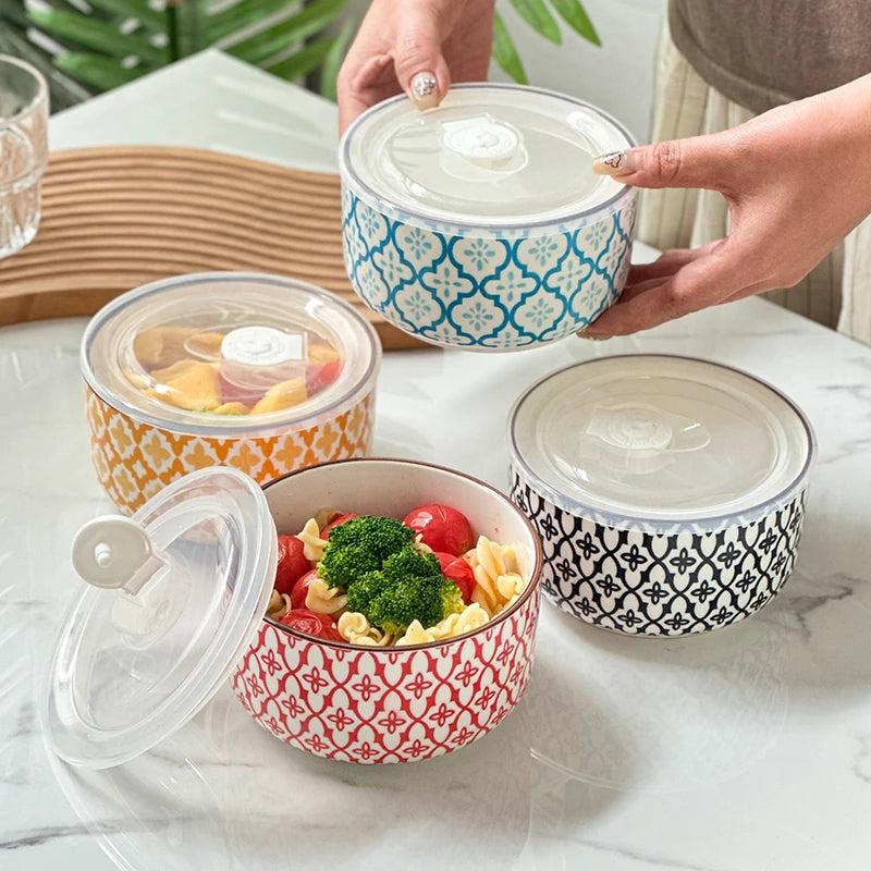 Mosaic Ceramic Storage Bowl with Lid – Floral Food Storage & Serving Bowl