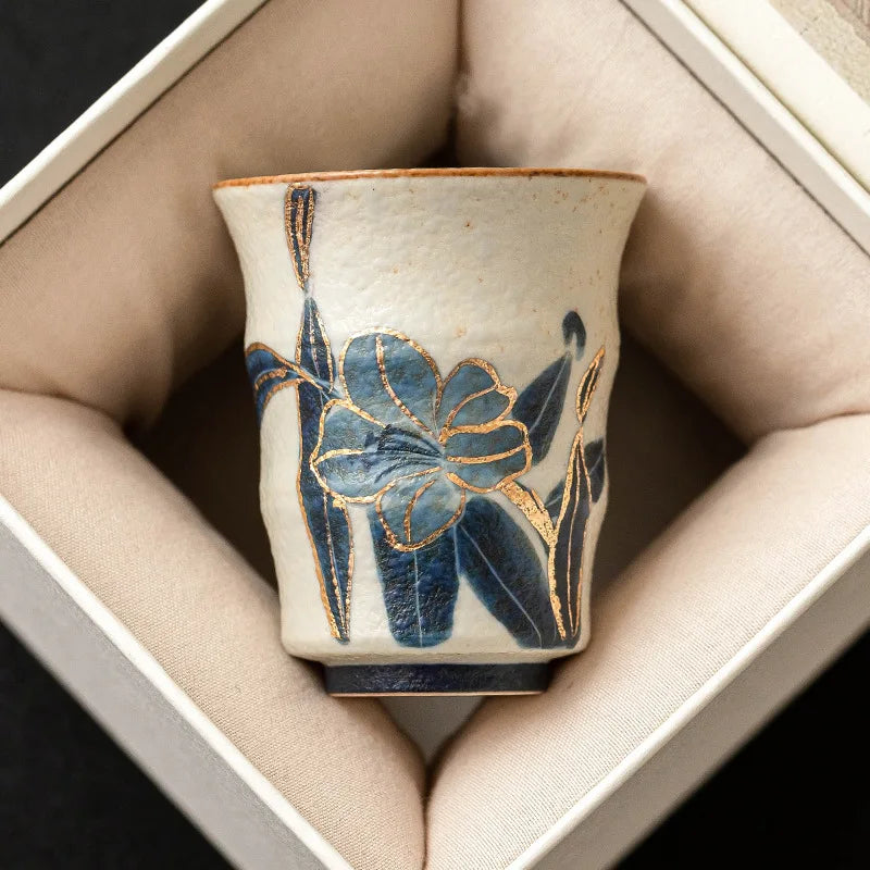 Lily Bloom Hand-Painted Ceramic Tea Cup – Blue Floral Matcha Cup, Espresso Cup, Loose Leaf Tea Cup, Decorative Tea Bowl