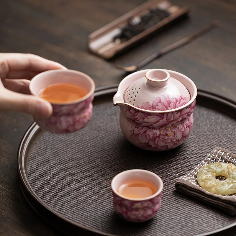 Peony Bloom Handmade Tea Set – Portable Ceramic Travel Tea Set with Teapot and Cups, Floral Tea Set Gift with Case