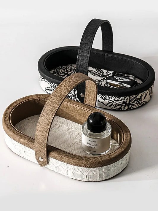 Luxury Leather Storage Basket with Handle – Oval Organiser Tray for Keys, Jewellery & Desk Accessories
