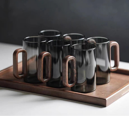 Clear Glass Tea Or Coffee Mugs with Modern Wooden Handle –2/4/6 Piece Heat-Resistant Cups Clear Or Black Set