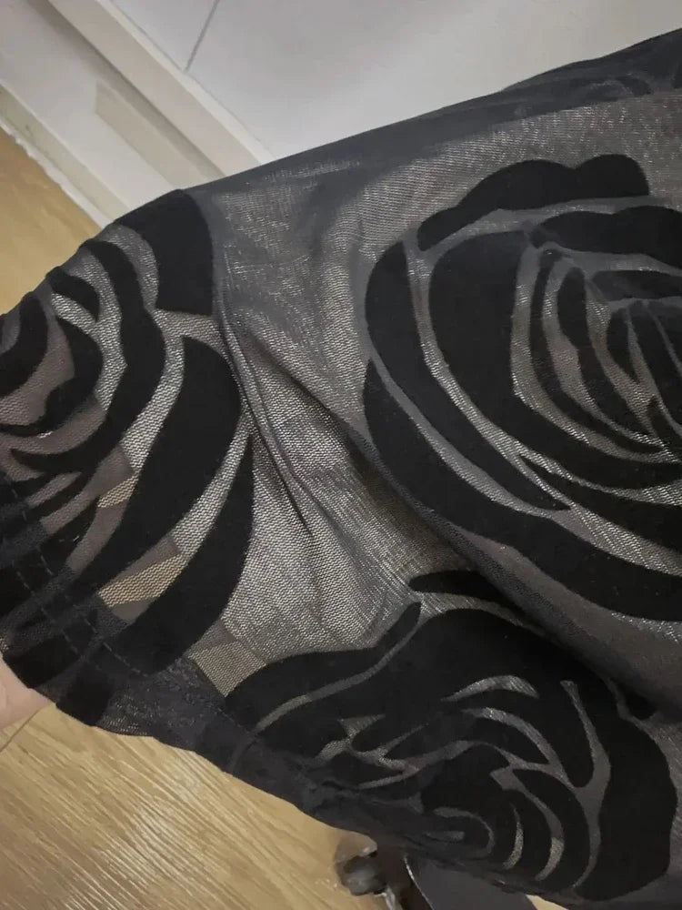 Roselisse One Shoulder Rose Appliqué Mesh Maxi Dress – Black Floral Evening Gown for Wedding Guest & Partywear