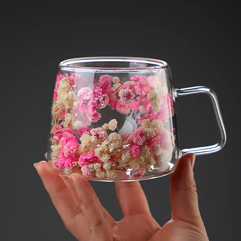 Bloom Infusion Double Wall Glass Mug – Clear Floral Tea & Coffee Cup with Floating Pink, Purple, Blue Flower Design
