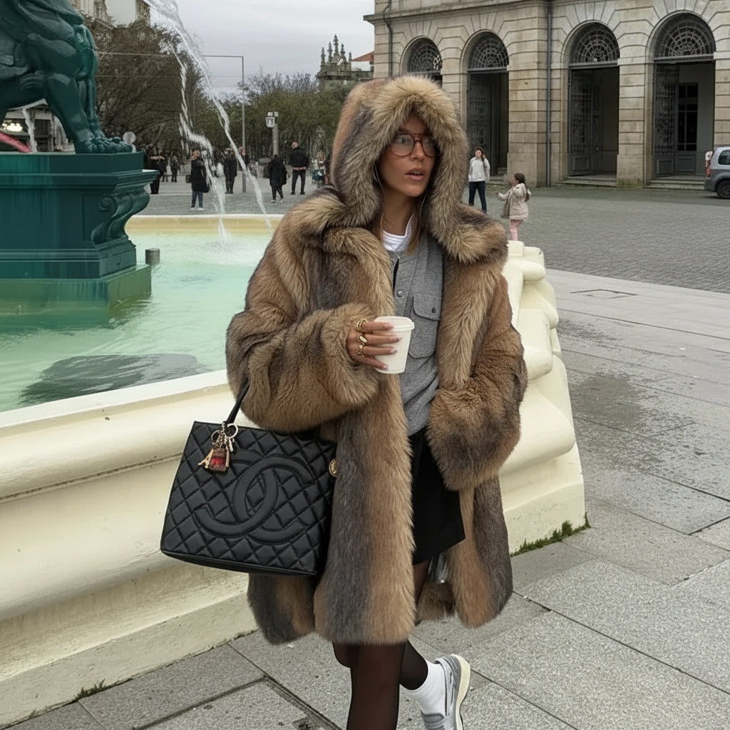 Marquessa Hooded Plush Faux Fur Coat – Women’s Long Luxury Faux Fur Winter Jacket with Oversized Hood