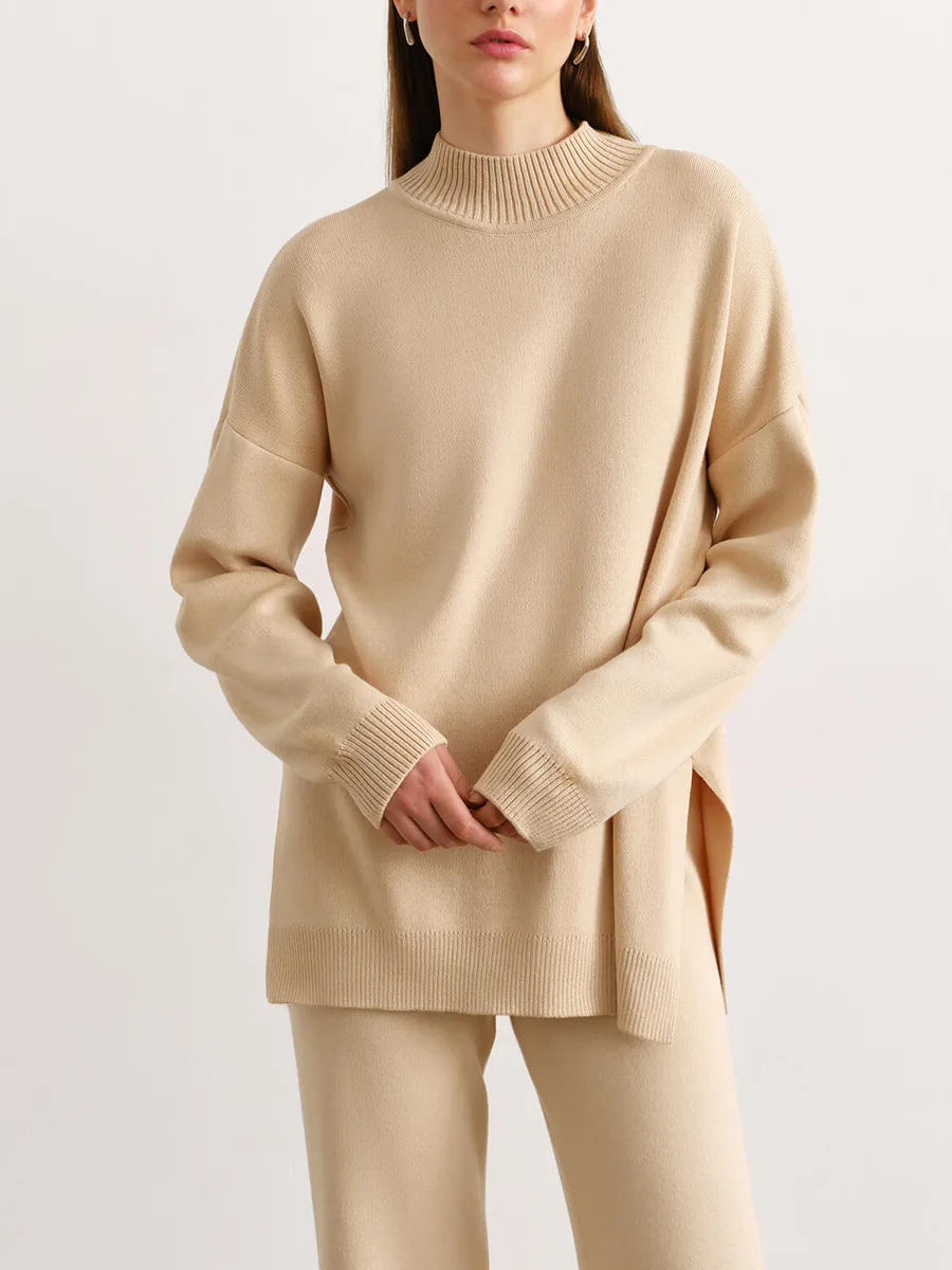 Zaneya Knit Co-Ord Lounge Set – Ribbed Turtle Neck Jumper and Wide Leg Trousers in Pink, White, Beige, Black or Green