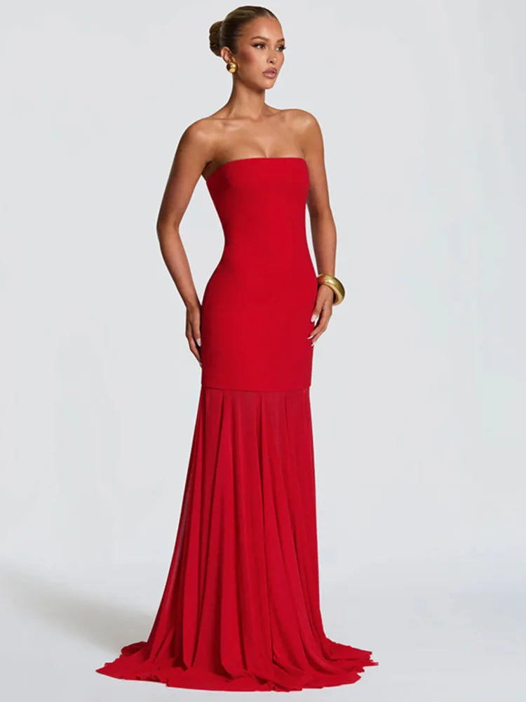 Laretta Strapless Maxi Dress with Scarf Detail – Elegant Evening Gown for Partywear, Formal Events & Wedding Guests