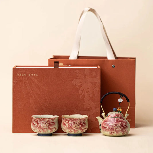 Kazehana Floral Tea Set Gift Box – Ceramic Teapot and Cup Set with Gift Case for Tea Serving, Home Tableware and Gift Set