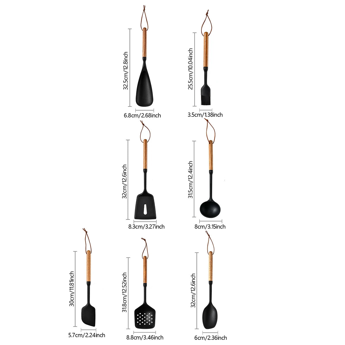 7-Piece Black Silicone Cooking Utensil Set with Wooden Handles – Non-Stick Heat Resistant Kitchen Tools