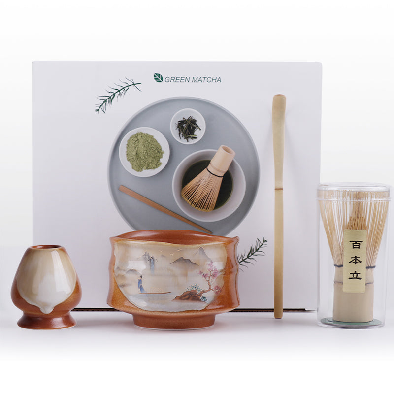 Premium Matcha Set – 4 Piece Starter Kit with Bamboo Whisk, Ceramic Bowl, Scoop & Holder