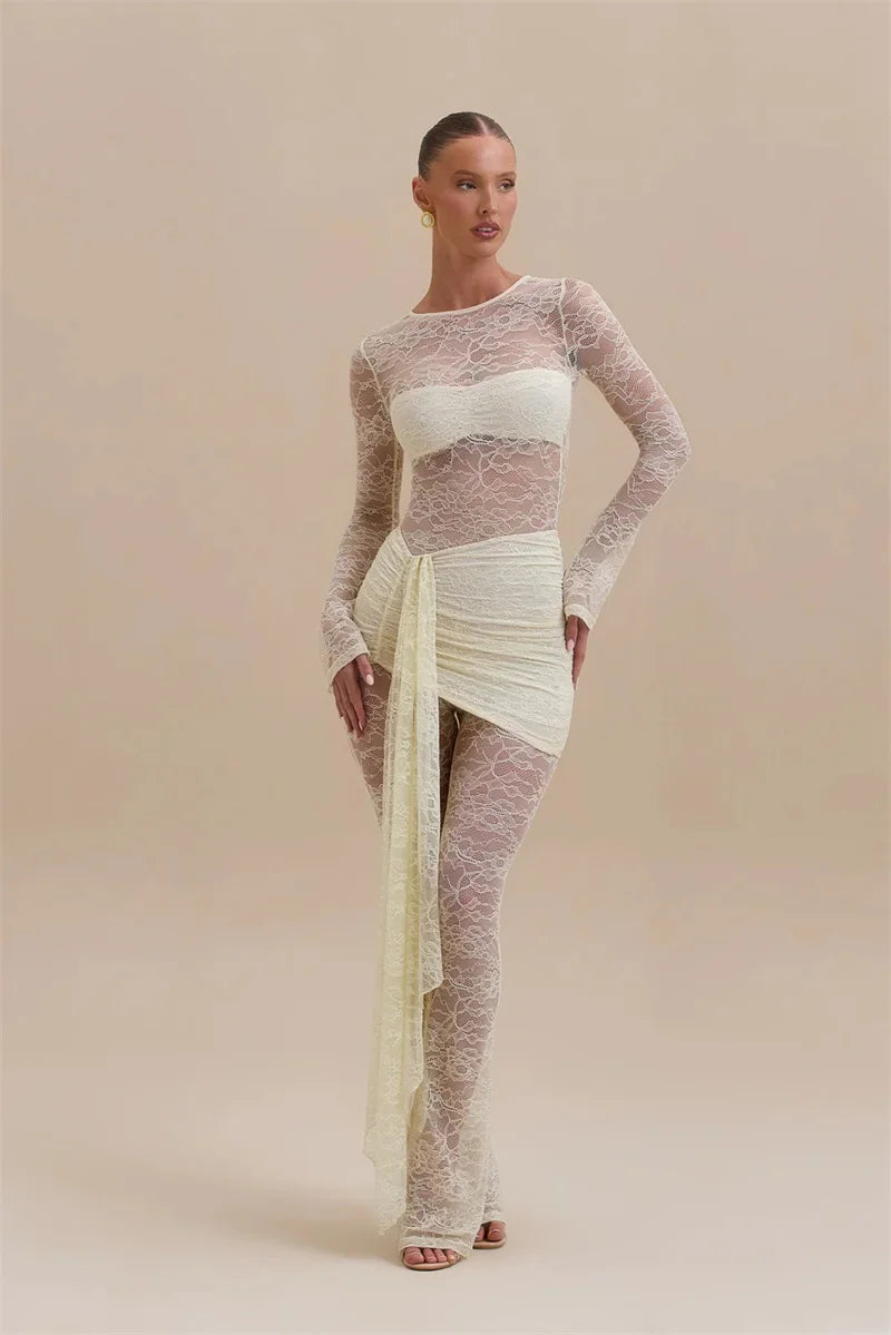 Vionara Lace Sheer Jumpsuit with Draped Wrap Detail – Long Sleeve Mesh Eveningwear for Party & Occasion Outfits