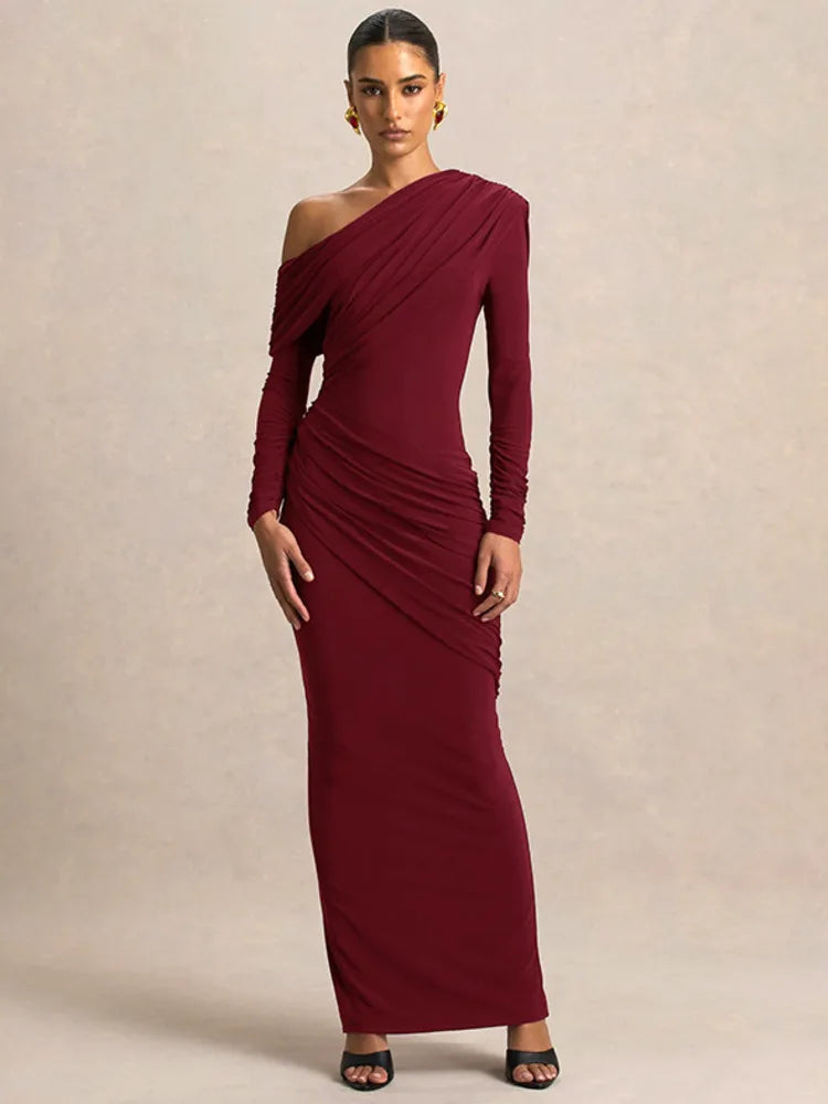 Calyssa Asymmetric One-Shoulder Ruched Maxi Dress – Long Sleeve Eveningwear & Wedding Guest Gown