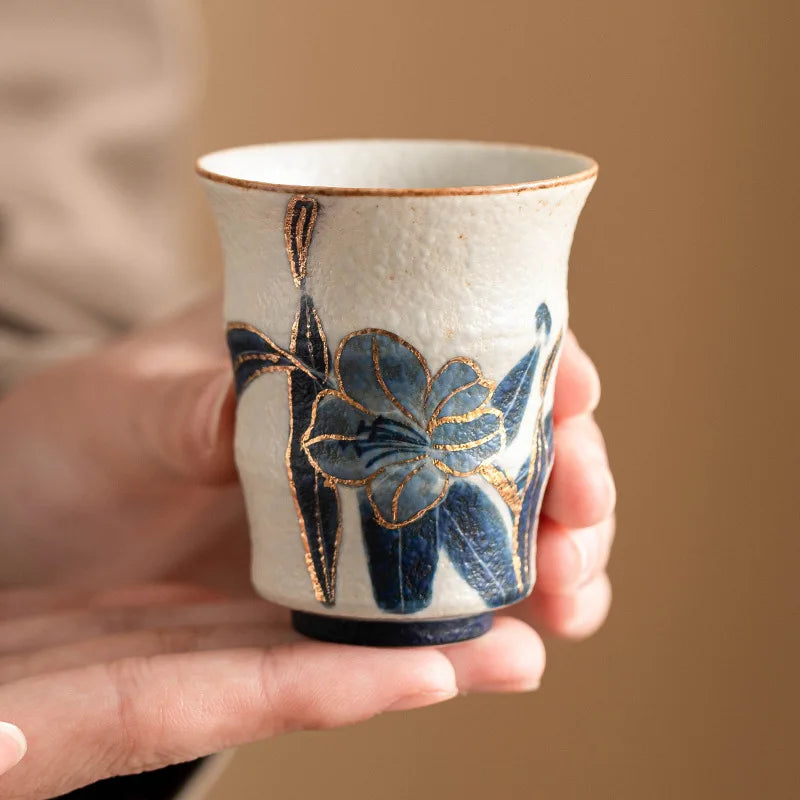 Lily Bloom Hand-Painted Ceramic Tea Cup – Blue Floral Matcha Cup, Espresso Cup, Loose Leaf Tea Cup, Decorative Tea Bowl