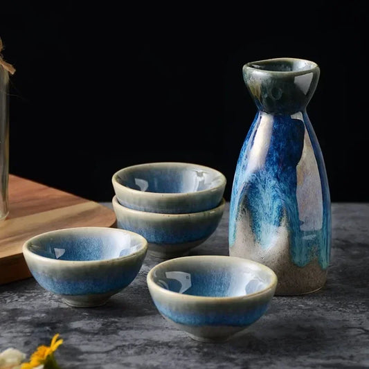 Aozora Japanese Sake Set – 5-Piece Deep Blue Ceramic Bottle & Cup Gift Set for Home Bar and Dining