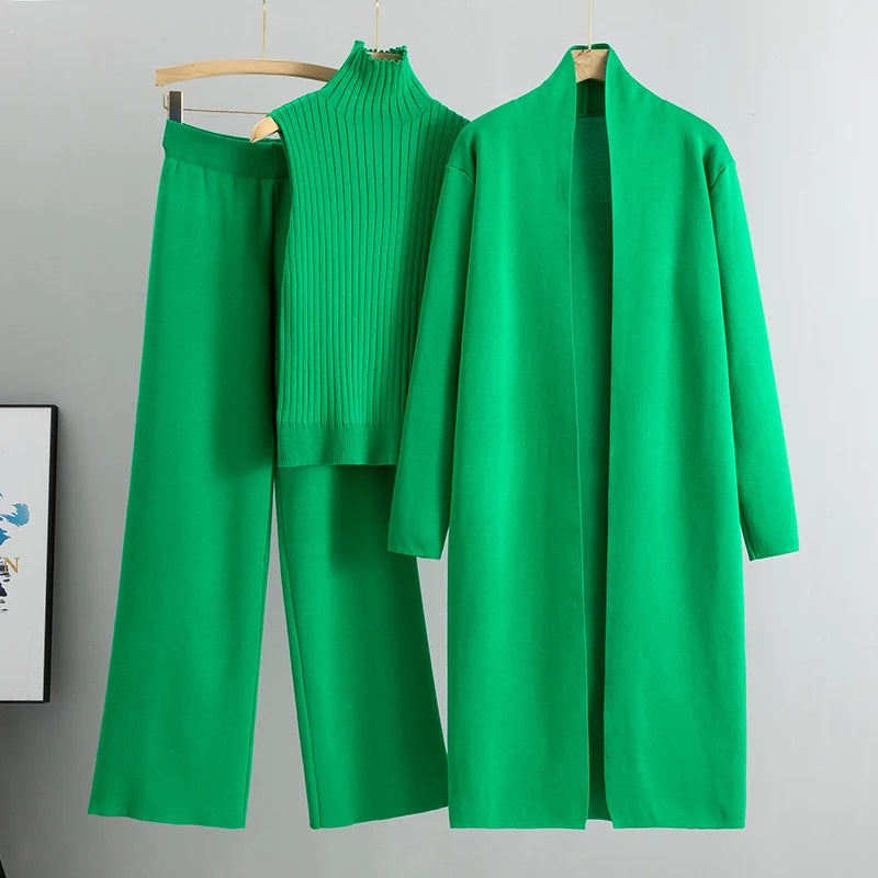 Aravelle Three-Piece Knit Co-Ord Set – Ribbed High Neck Top, Longline Cardigan and Wide-Leg Trousers