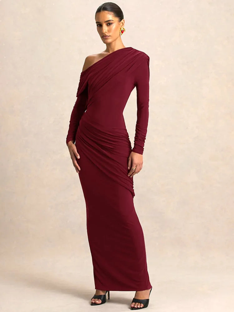 Calyssa Asymmetric One-Shoulder Ruched Maxi Dress – Long Sleeve Eveningwear & Wedding Guest Gown