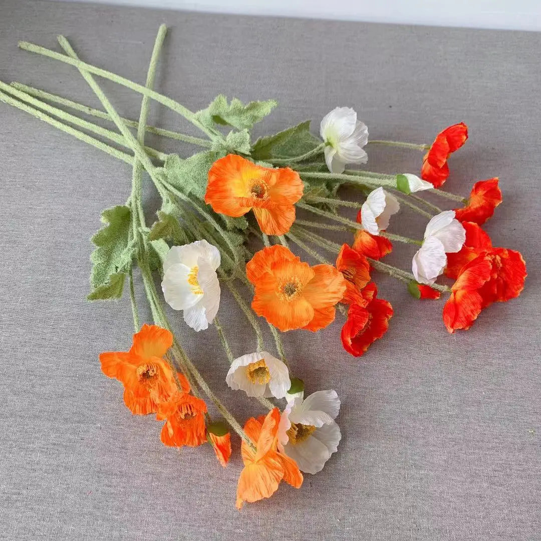 Meadow Poppy Stem Bundle – Silk Poppy Flower Stem with 3 Blooms and 1 Bud for Vase Arrangements and Home Styling