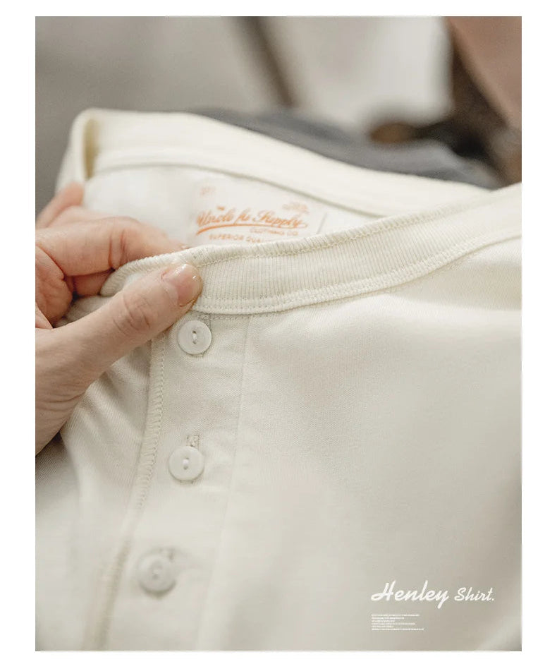 Henley Buttoned Short Sleeve T-Shirt – Premium Structured Fit Essential in Navy, Cream, Grey & Army Green