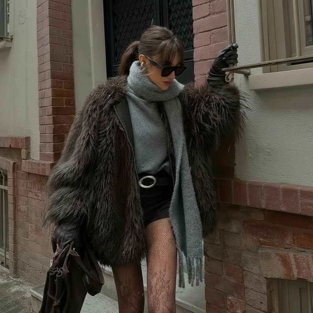 Maevra Oversized Mongolian-Style Faux Fur Jacket – Mocha Fluffy Faux Fur Coat for Women