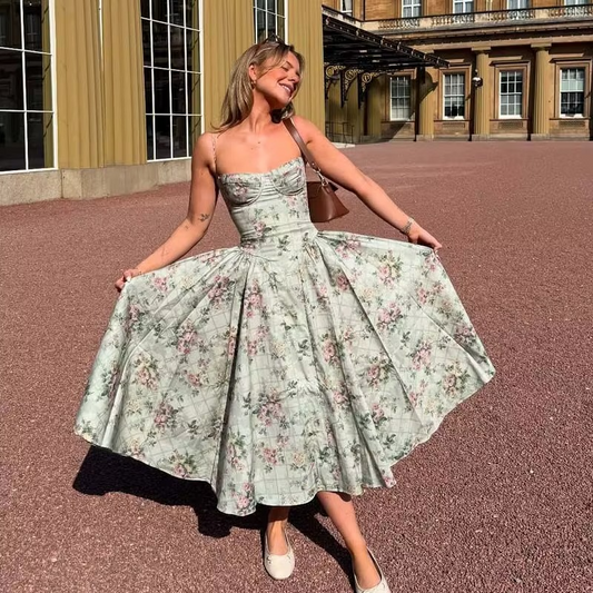 Loretta Sweetheart Neckline Vintage-Inspired Midi Dress – Floral Print, Red, Pink, Navy, White & Black Summer Dresses