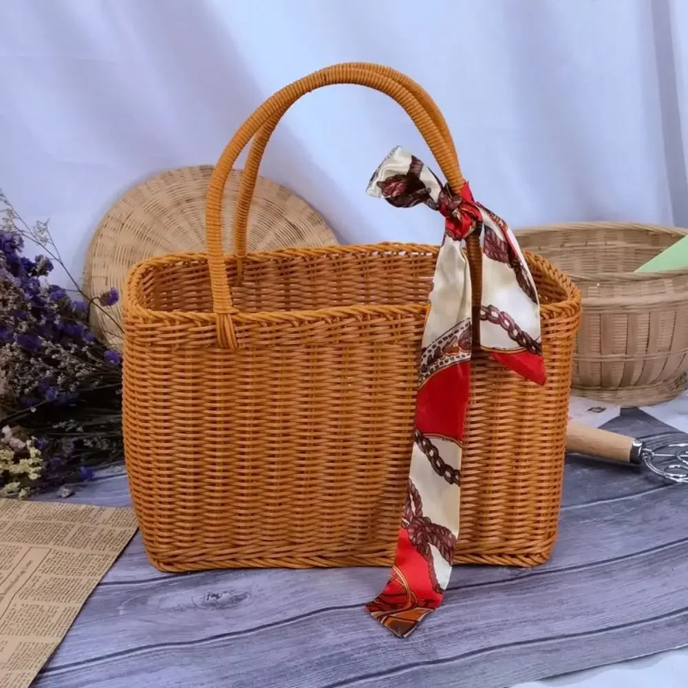 Handwoven Wicker Tote Basket – Natural Rattan Storage or Picnic Bag