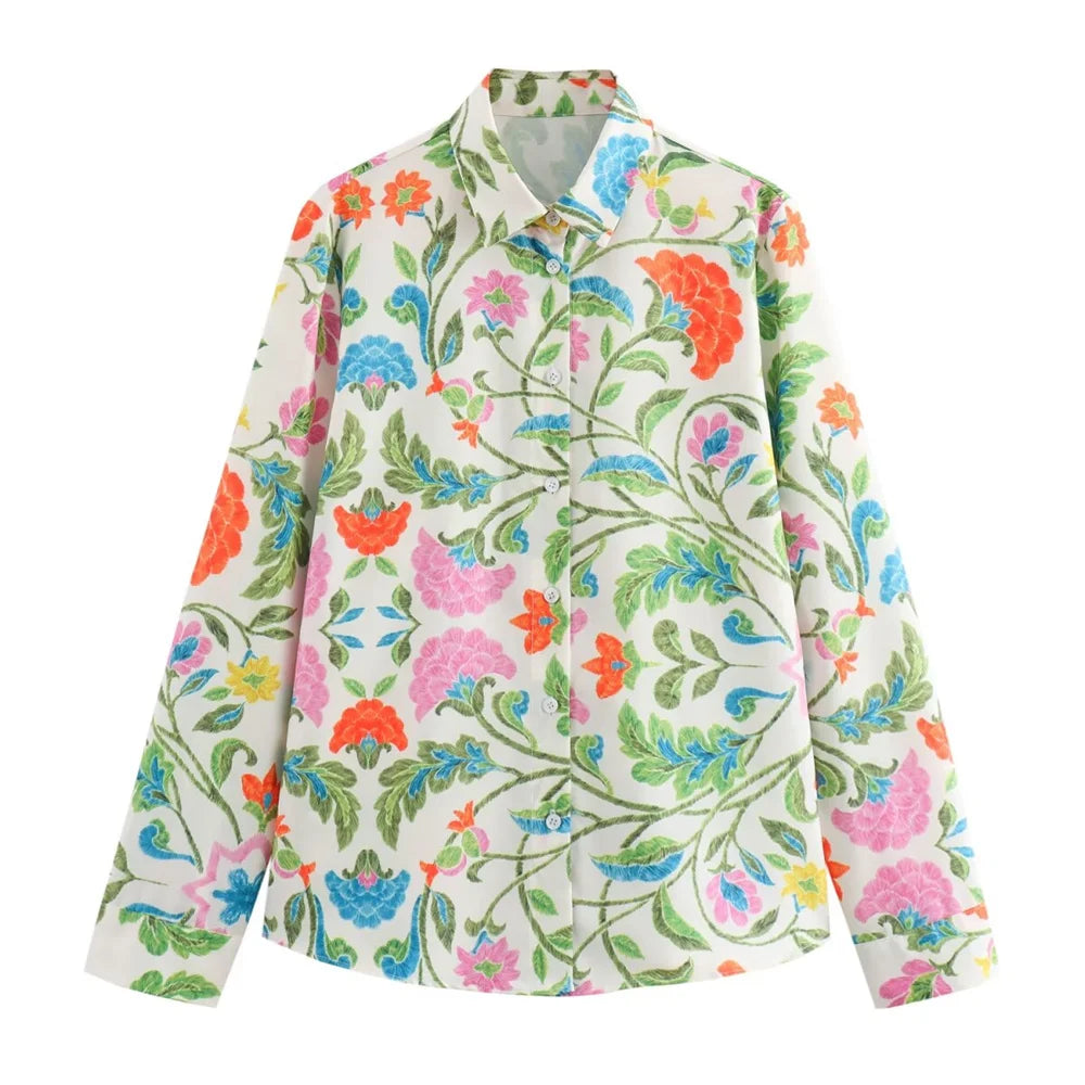 Auretta Floral Co-Ord Set – Long Sleeve Shirt and Wide Leg Trousers Two-Piece in Multi-Colour Print
