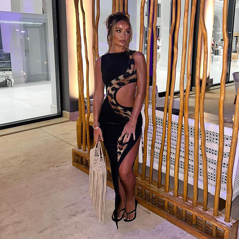 Virela Sleeveless Snake Print Cut-Out Bodycon Dress – Summer Party Dress with Side Slit