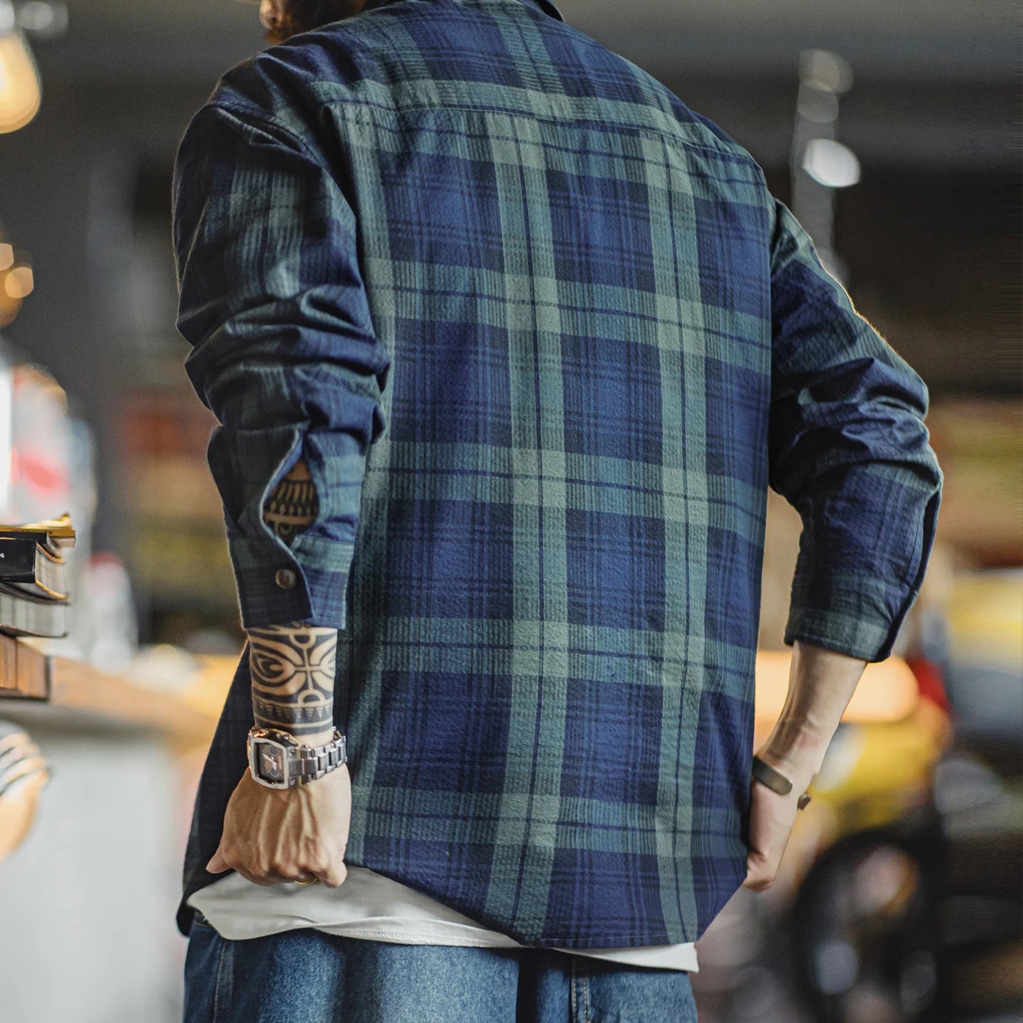 Denham Men’s Tartan Plaid Button-Up Shirt – Navy & Forest Green Long Sleeve Casual Check Shirt with Turn-Down Collar