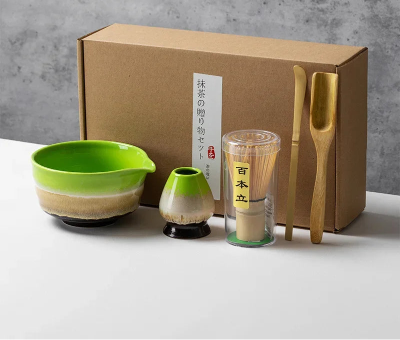 Matcha Tea Set with Ceramic Bowl & Bamboo Accessories – 4/5/6 Piece Traditional Japanese Matcha Kit in Sage Green