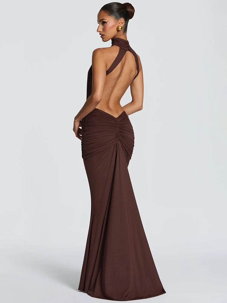 Elvaria High Neck Backless Ruched Bodycon Maxi Dress – Evening, Party & Wedding Guest Gown