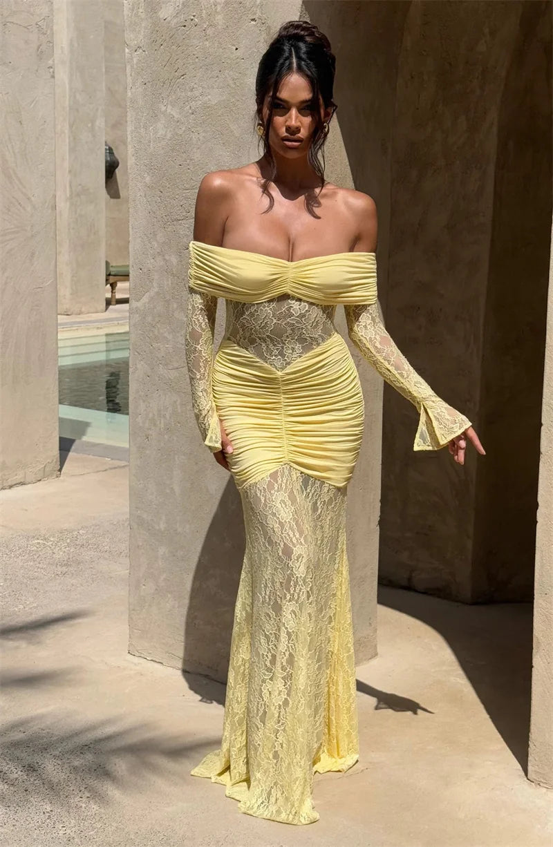 Fiolana Off-Shoulder Lace Maxi Dress – Long Sleeve Ruched Occasion Gown for Eveningwear, Party Outfits and Wedding Guest Looks