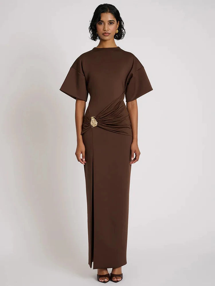 Selvyna Brooch Detail Maxi Dress with Ruched Waist and Thigh Slit – Black, Mocha Brown and White Evening Gown