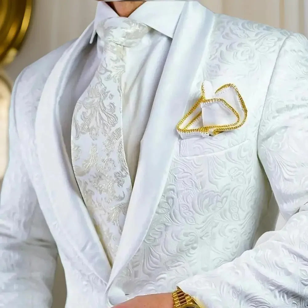 Braxford Men’s White Jacquard Shawl Lapel Blazer – Slim Fit Wedding Evening Tuxedo Jacket