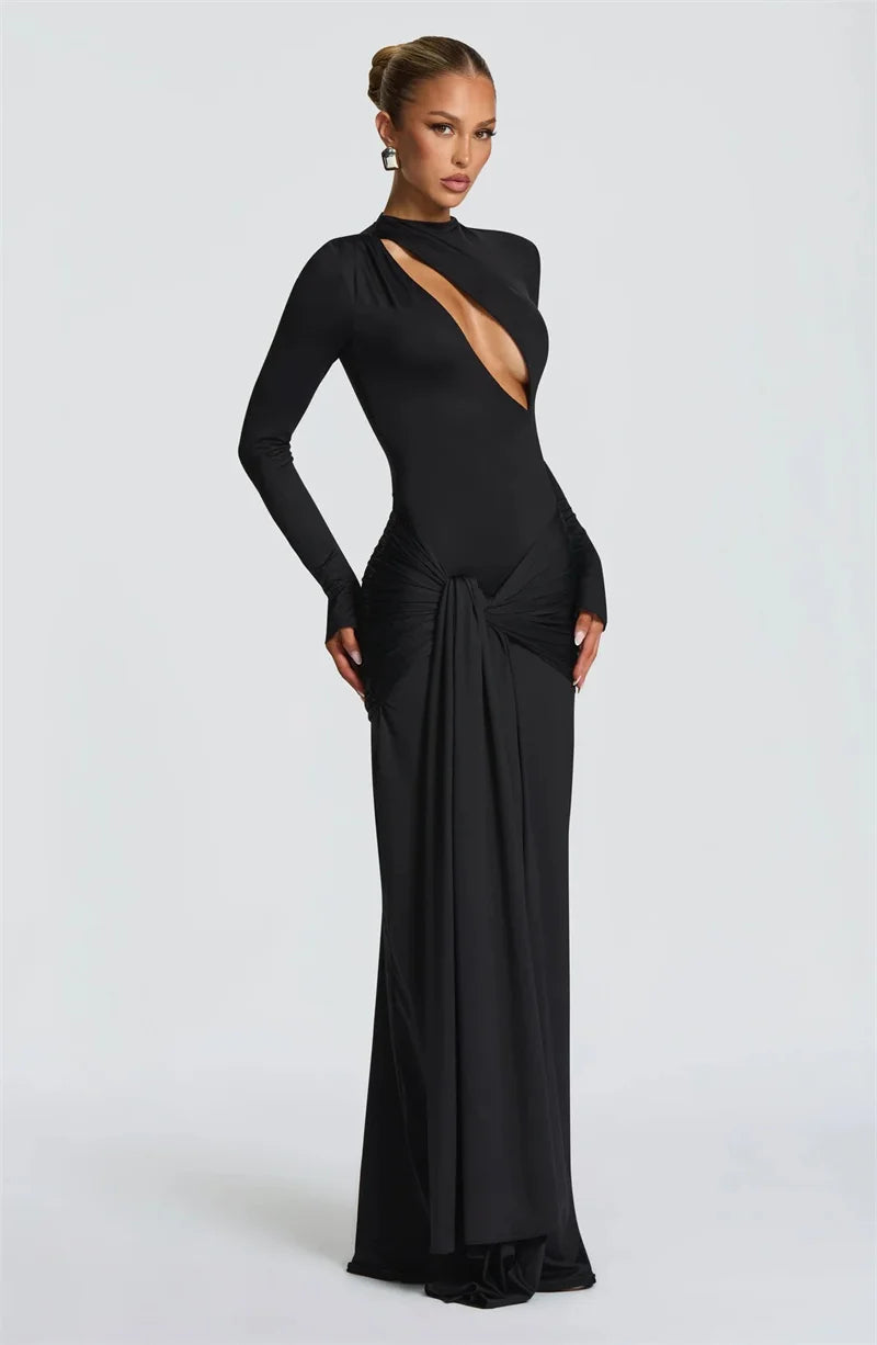 Elyndra Asymmetric Cut-Out Maxi Dress – Long Sleeve Draped Evening & Partywear Gown