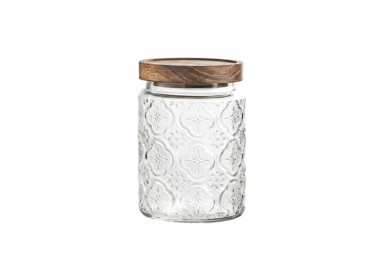 Embossed Glass Storage Jar with Wooden Lid