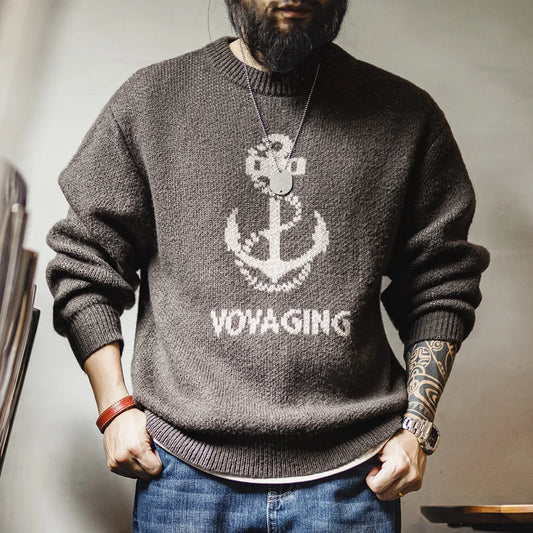 Branford Men’s Anchor Knit Sweater – Graphic Round Neck Pullover for Autumn Winter Layering