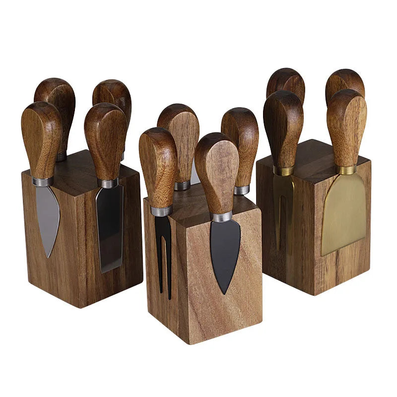 Acacia Wood Magnetic Cheese Knife Set – 5-Piece Stainless Steel Cheese Knives with Wooden Block Holder