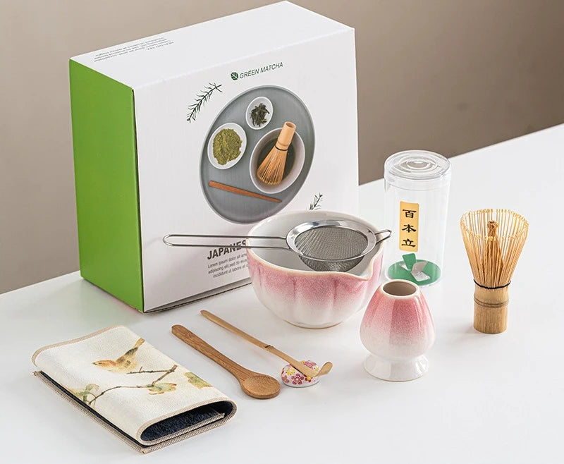 Sakura Bloom Japanese Matcha Tea Set – 8-Piece Matcha Bowl and Whisk Set with Scoop, Strainer & Holder for Traditional Matcha Making