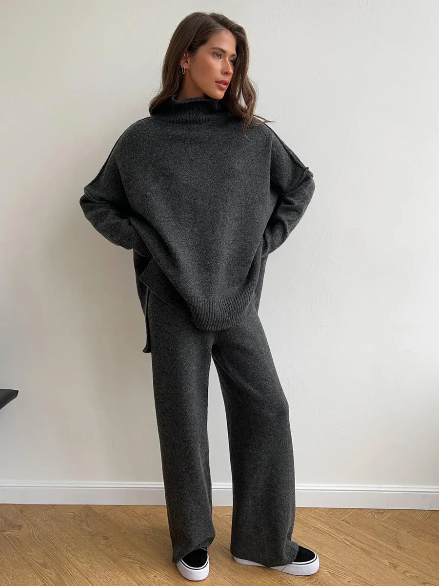 Taupe Knit Two-Piece Loungewear Set – High-Neck Jumper and Wide-Leg Trousers