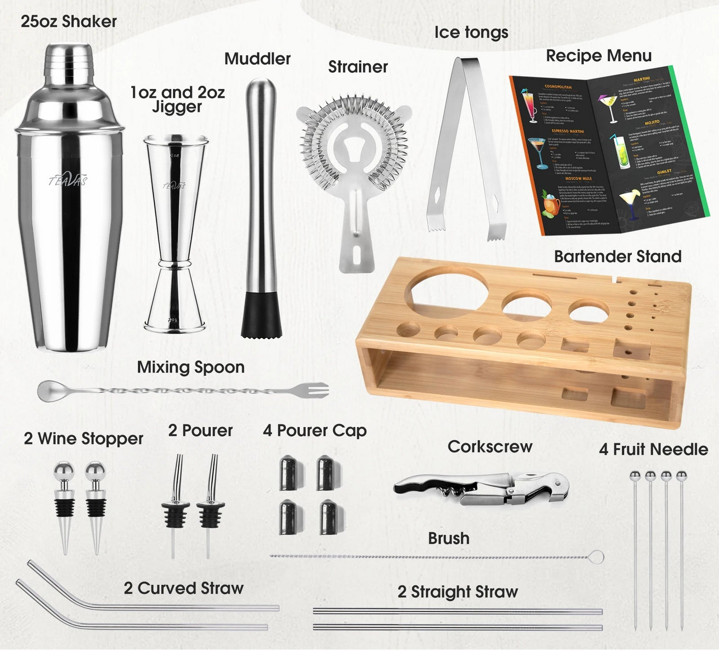 Cocktail Shaker & Mixology Set with Stand – 13 & 25 Piece Stainless Steel Bar Tools